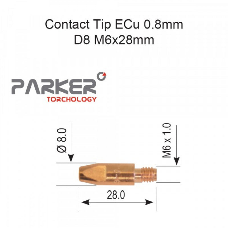 Contact Tip ECu 0.8mm D8 M6 x 28mm Pack Of 10