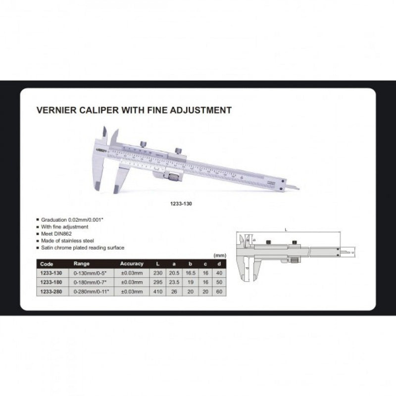 Vernier Caliper 0-180mm/7" x 0.02mm/0.001" Fine Adjustment Insize 1233-180