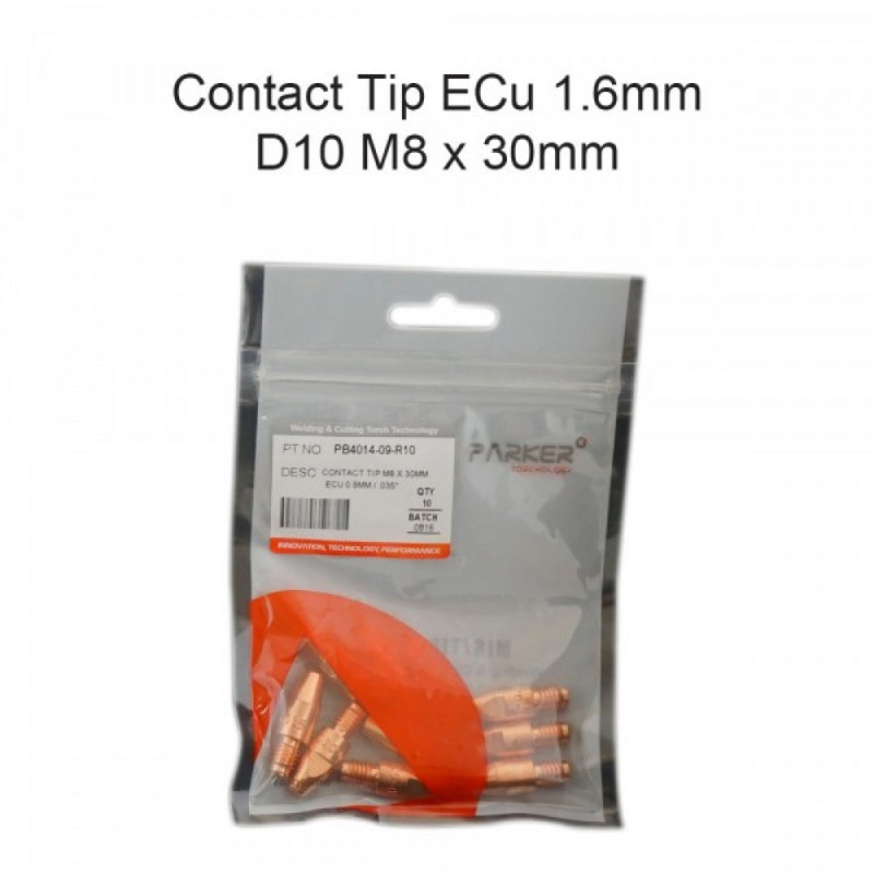 Contact Tip ECu 1.6mm D10 M8 x 30mm Pack Of 10