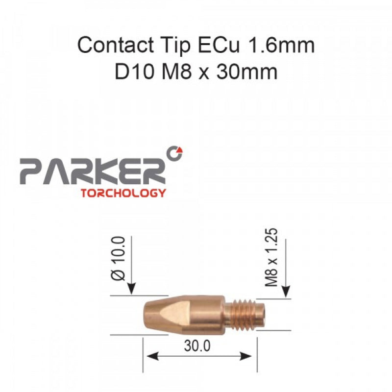 Contact Tip ECu 1.6mm D10 M8 x 30mm Pack Of 10