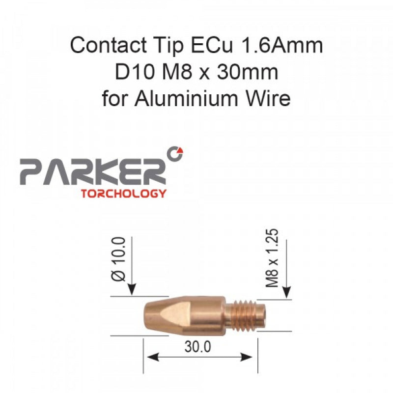 Contact Tip ECu 1.6Amm D10 M8 x 28mm (Alum) Pkt 10
