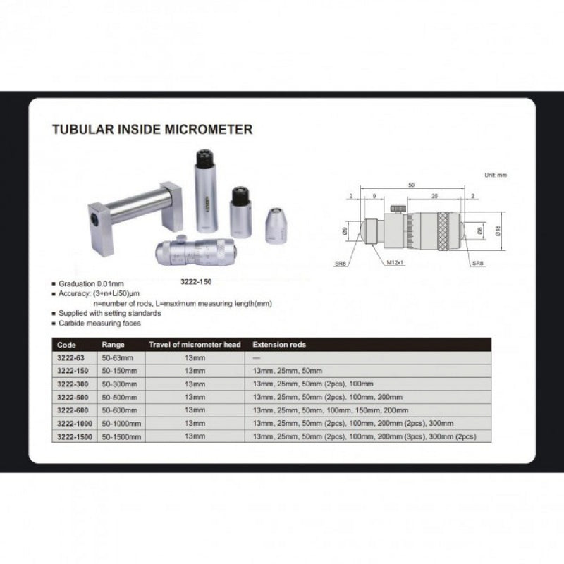 Inside Tubular Micrometer 50-500mm x 0.01mm C/w 6 Ext Rods Insize 3222-500