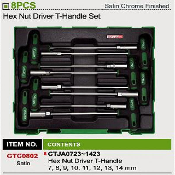 Nut Driver T Handle Kit 8Pce 7-14mm In Plastic Tray Toptul GZC0802