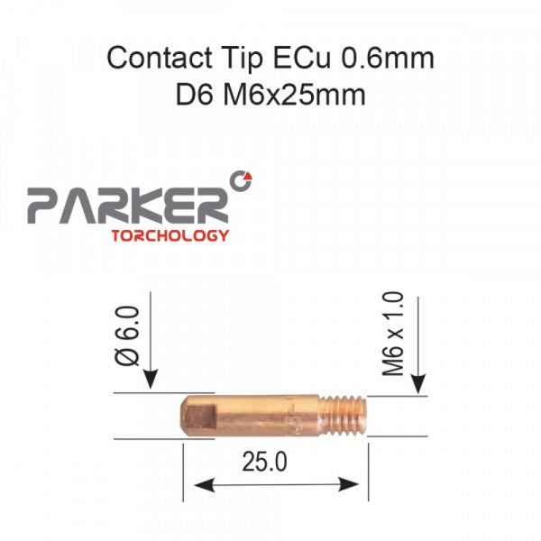 Contact Tip ECu 0.6mm D6 M6x25mm Pack Of 10