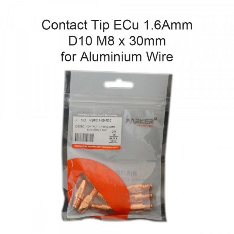 Contact Tip ECu 1.6Amm D10 M8 x 28mm (Alum) Pkt 10