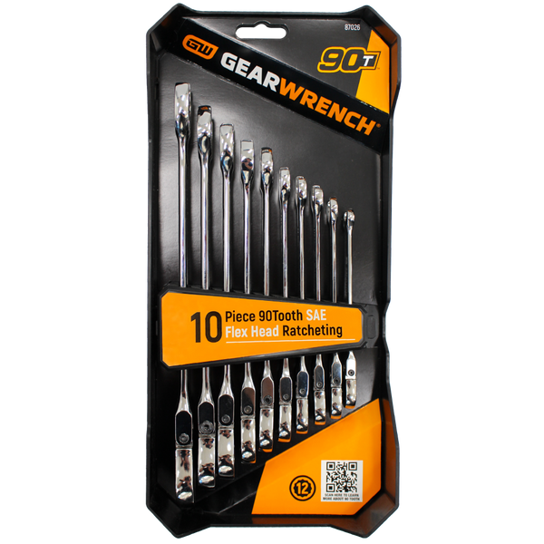 10 Pc 90T 12 Point SAE Flex-Head Combination Ratcheting Wrench Set